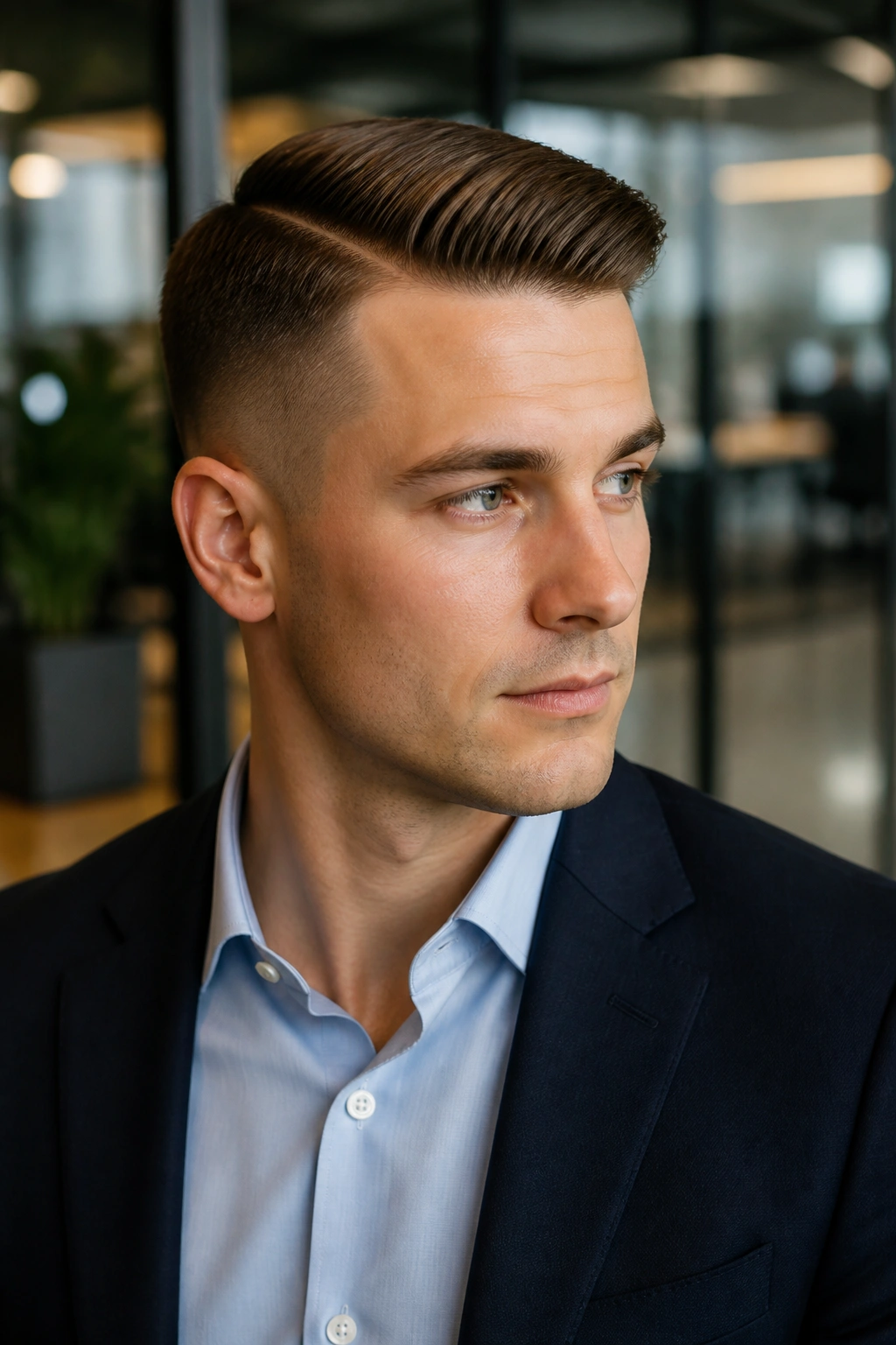 Medium close-up of a man with ivy league undercut and side-swept top