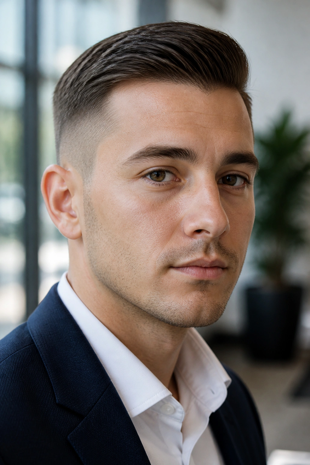 Close-up portrait of a person with an Ivy League undercut in an office lobby.