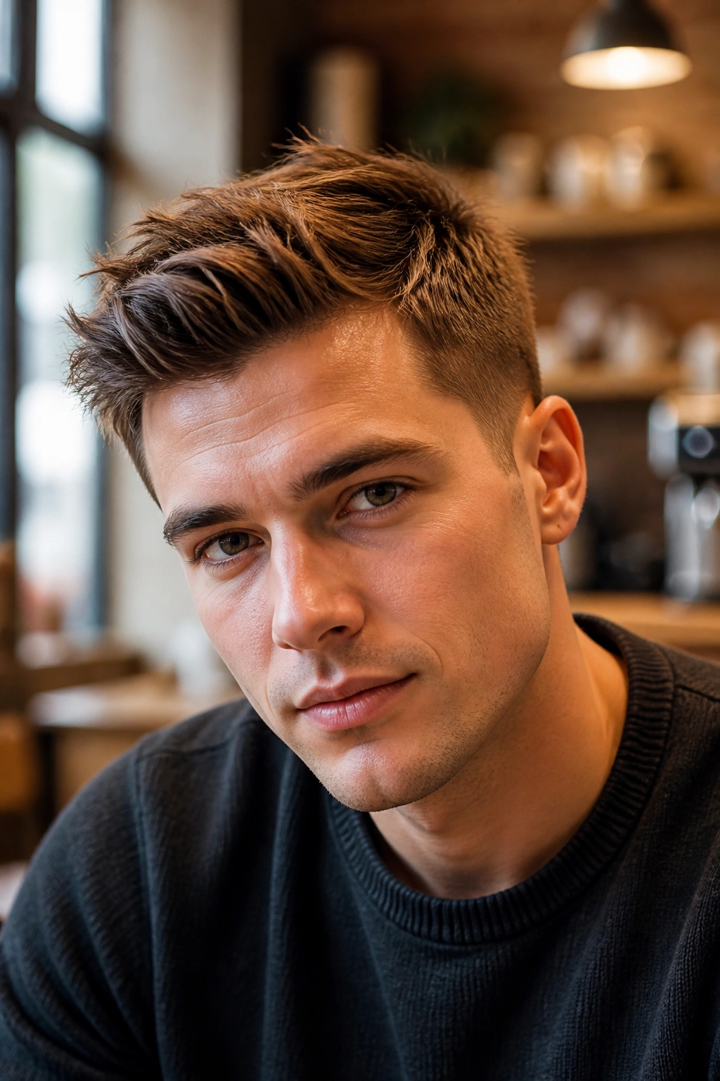 Close-up of a man with a textured Ivy League cut and uneven part