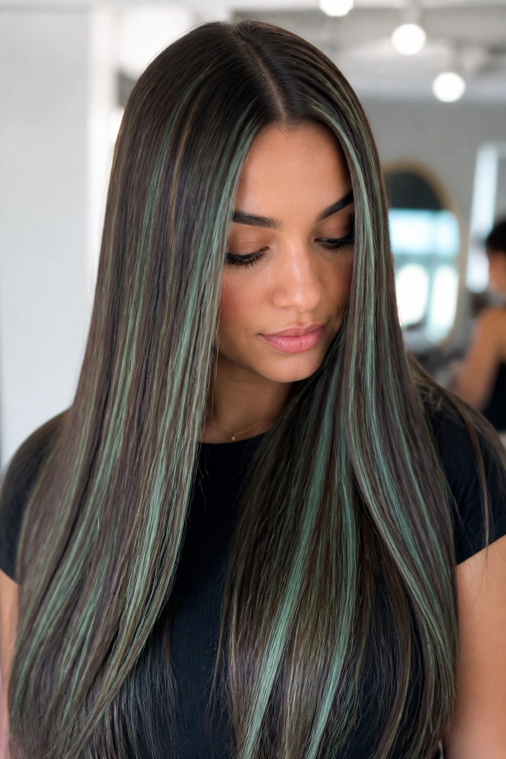 Long straight hair with jade foil highlights visible along the length