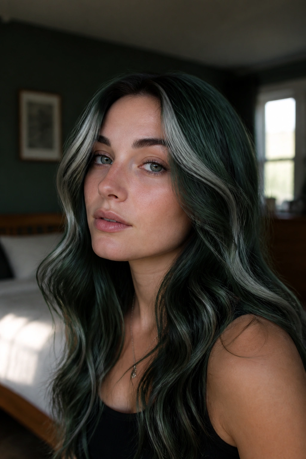 Close-up of a real person with Dark Jade with Silver Threads hair featuring jade base with silver ribbons