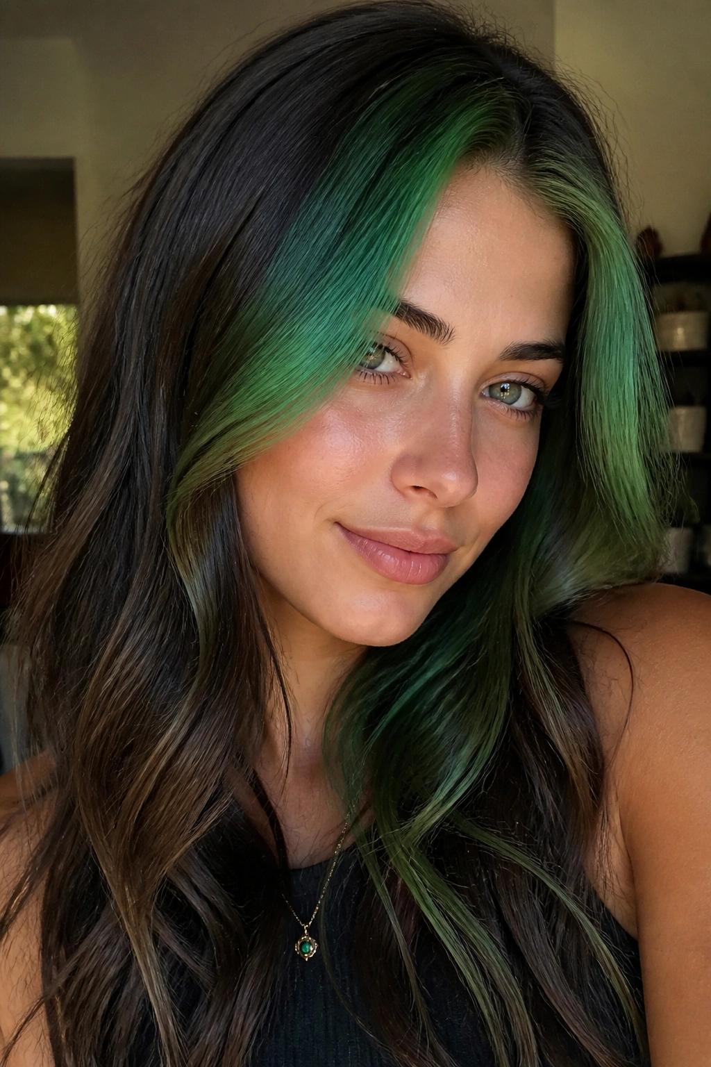 Brunette with jade money piece and soft root melt framing the face