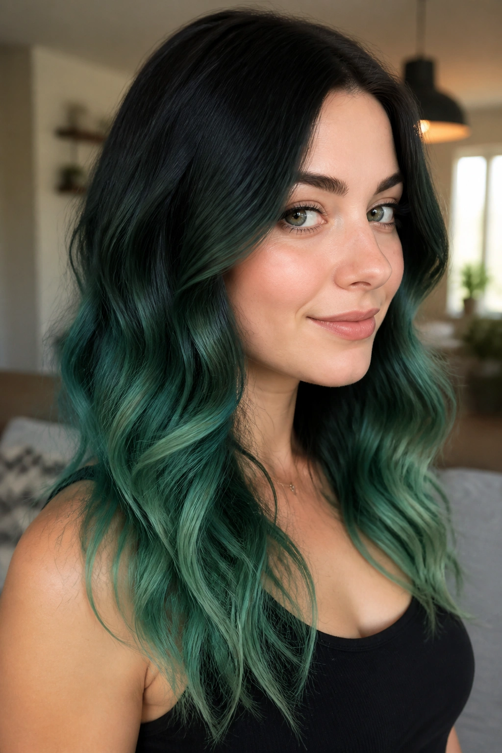 Close-up of jade ombré hair with dark roots fading to jade ends
