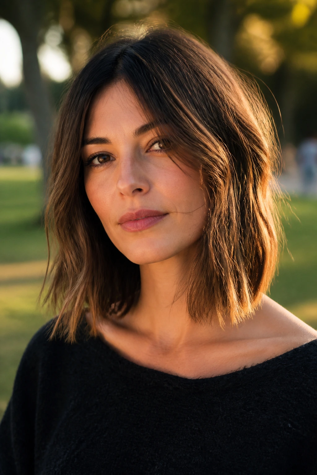 Close-up of a real woman with Jagged-End Collarbone Lob showing irregular ends
