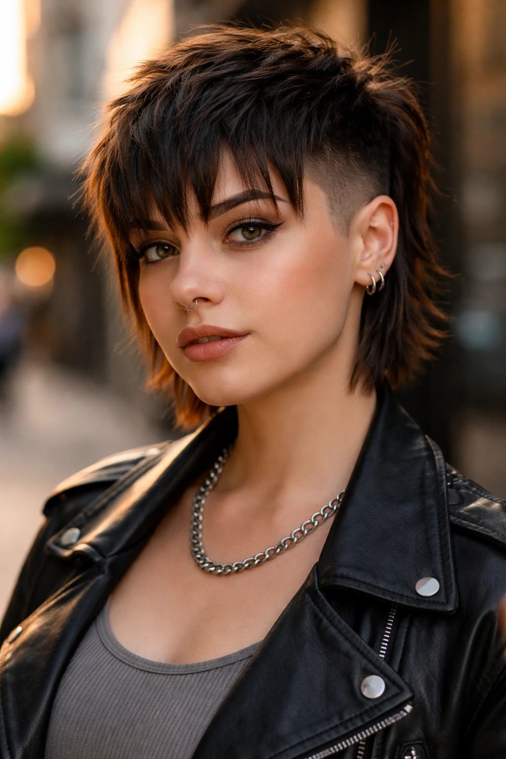 Portrait of a person with jagged fringe and undercut in an urban setting.