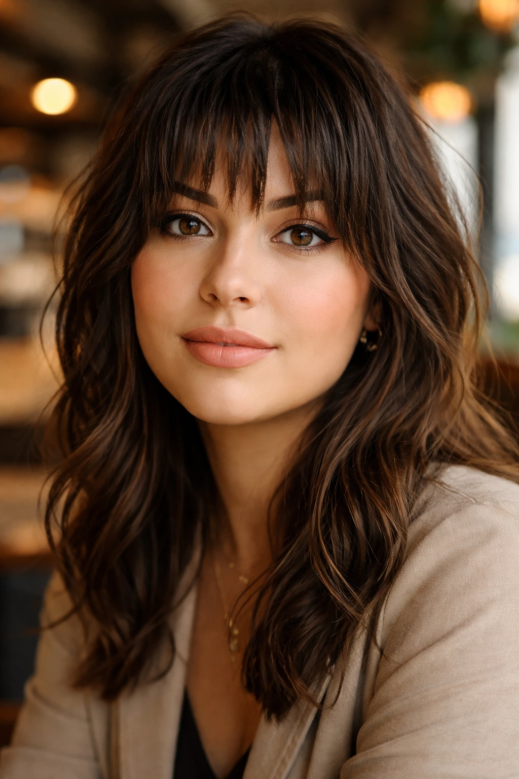 Close-up portrait of a real person with jagged textured bangs