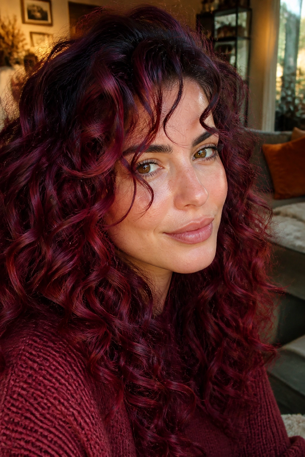 Close-up of Jammy Ruby curls on a real woman in warm light