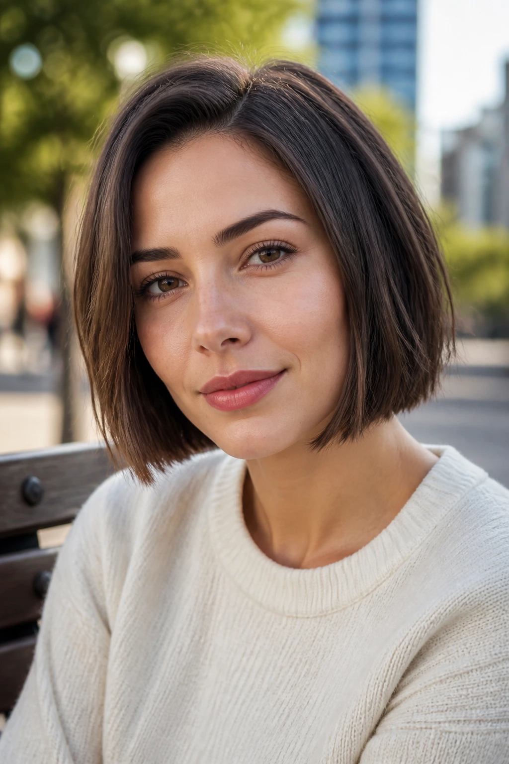 Close-up of real person with jaw-clearing blunt bob and broken ends in morning light