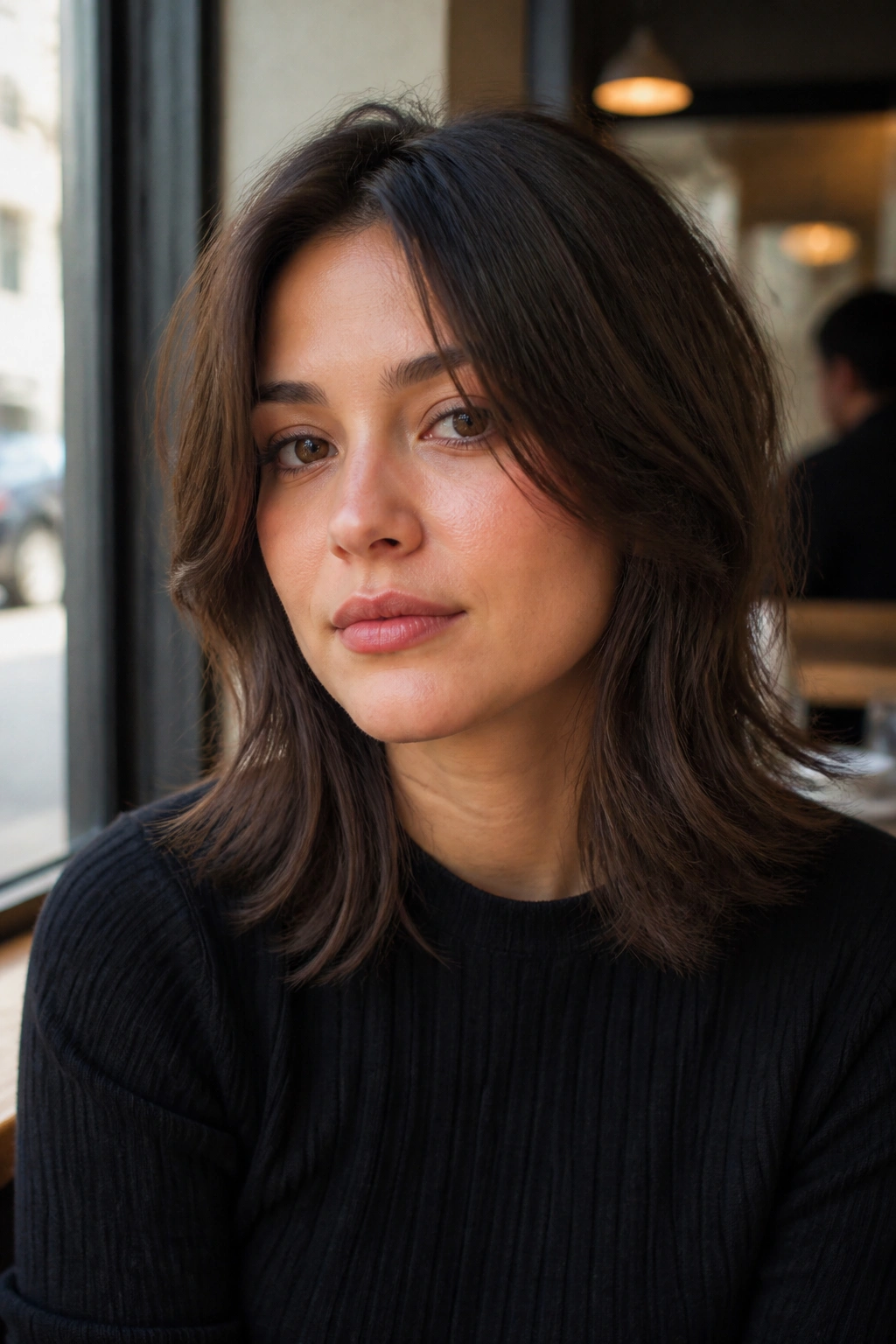 Portrait of woman with jaw-defining layers falling past the chin.