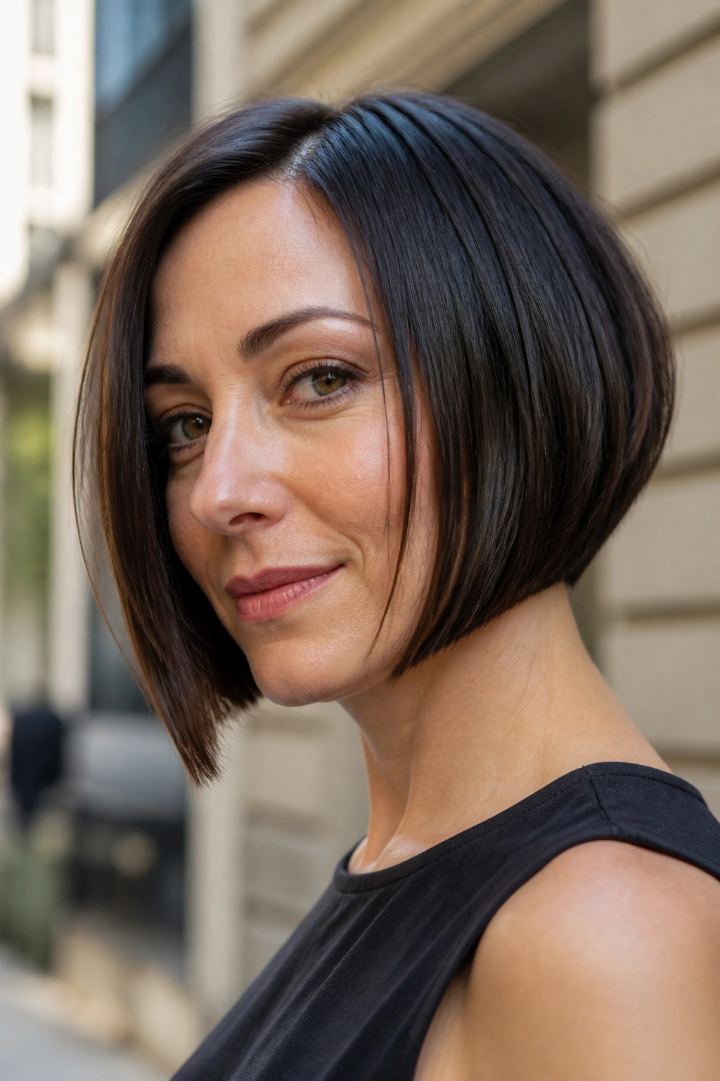 Portrait of a real woman with a jaw-grazing angled bob, front at jaw level and back lifted to emphasize the angle.