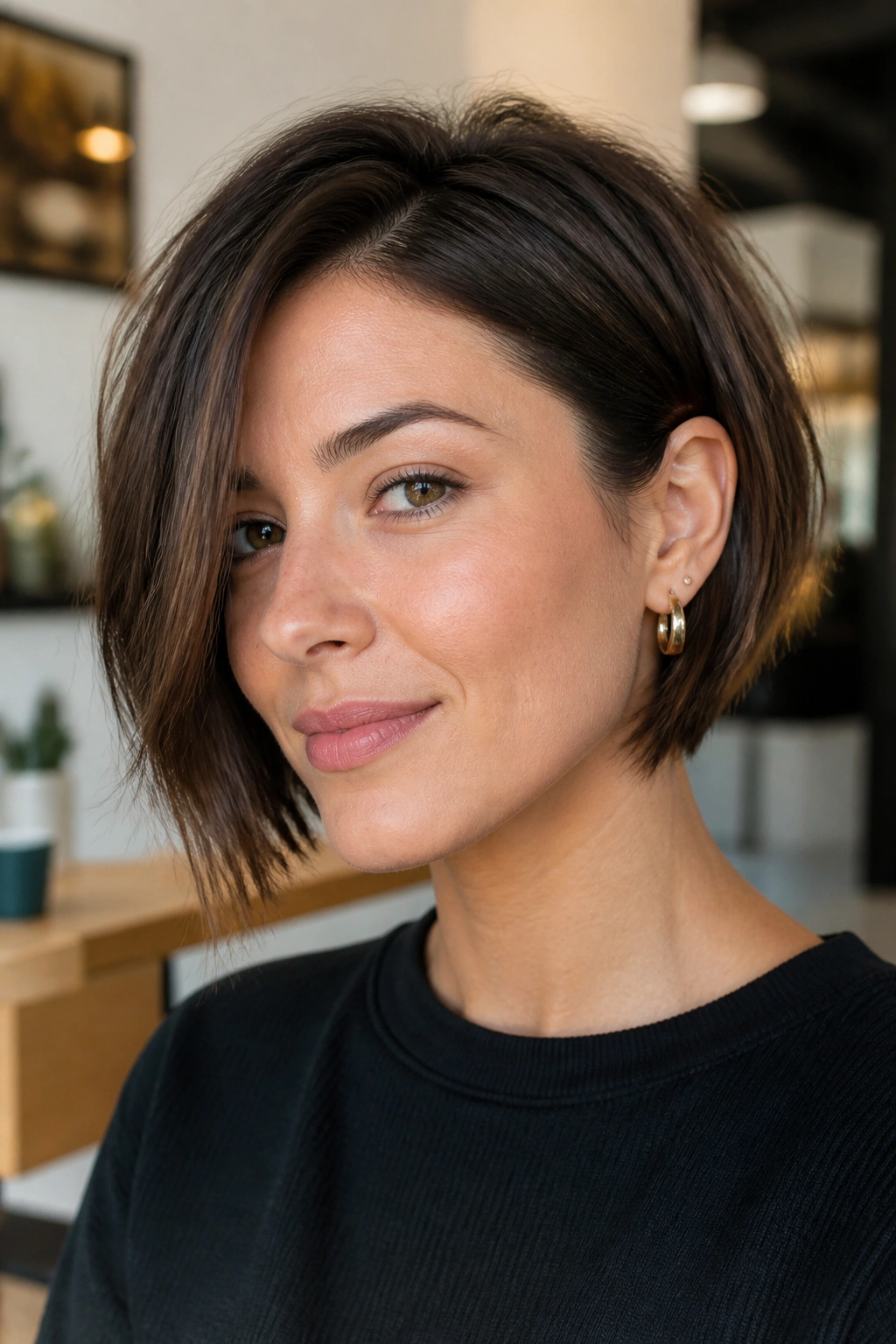Real woman with jaw-grazing asymmetrical bob tucked behind ear