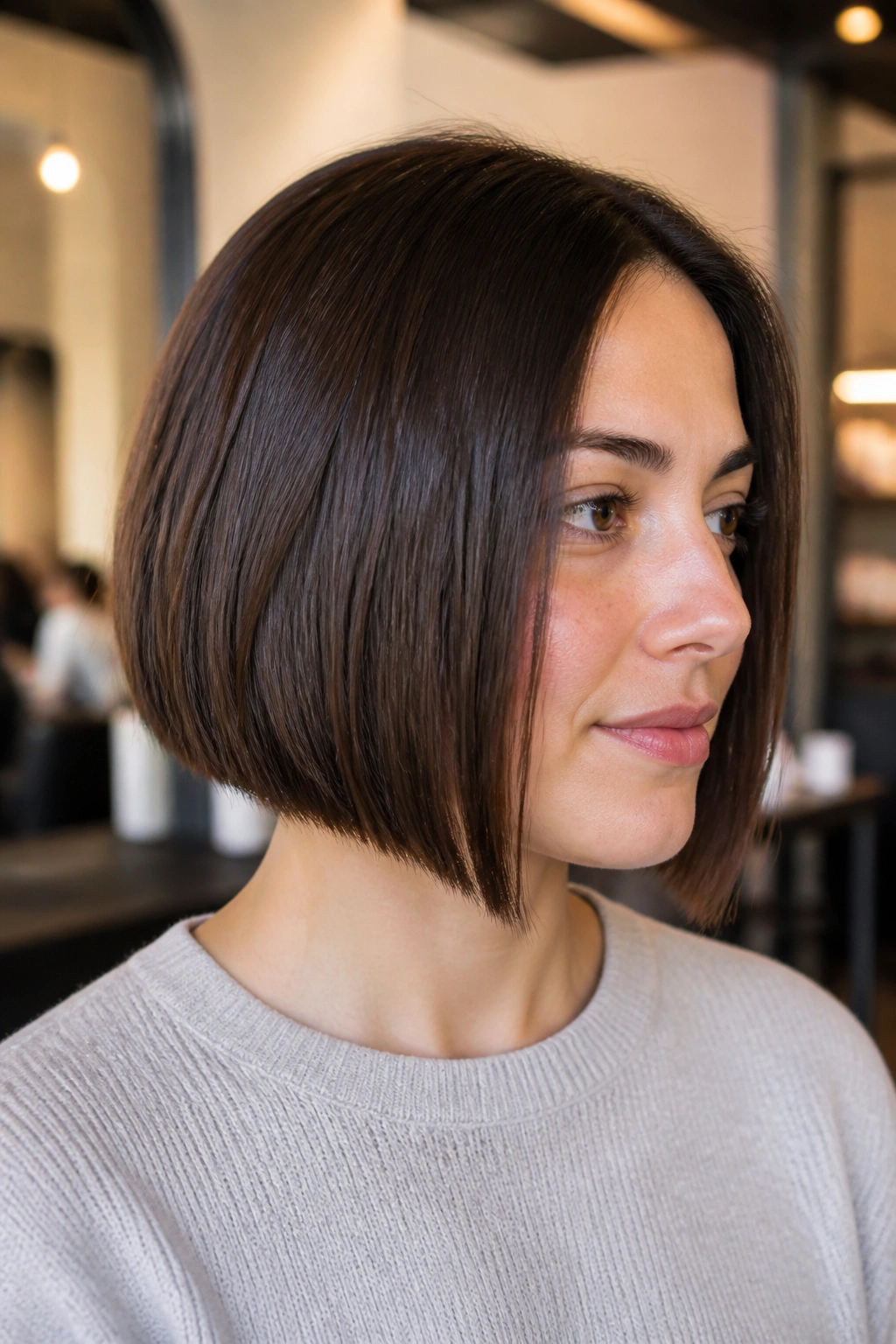 Close-up of a real woman with a jaw-grazing blunt bob and forward angle in a chic salon.
