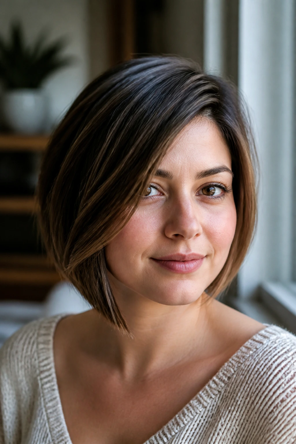 Close-up of a real person with a jaw-grazing bob for round faces.