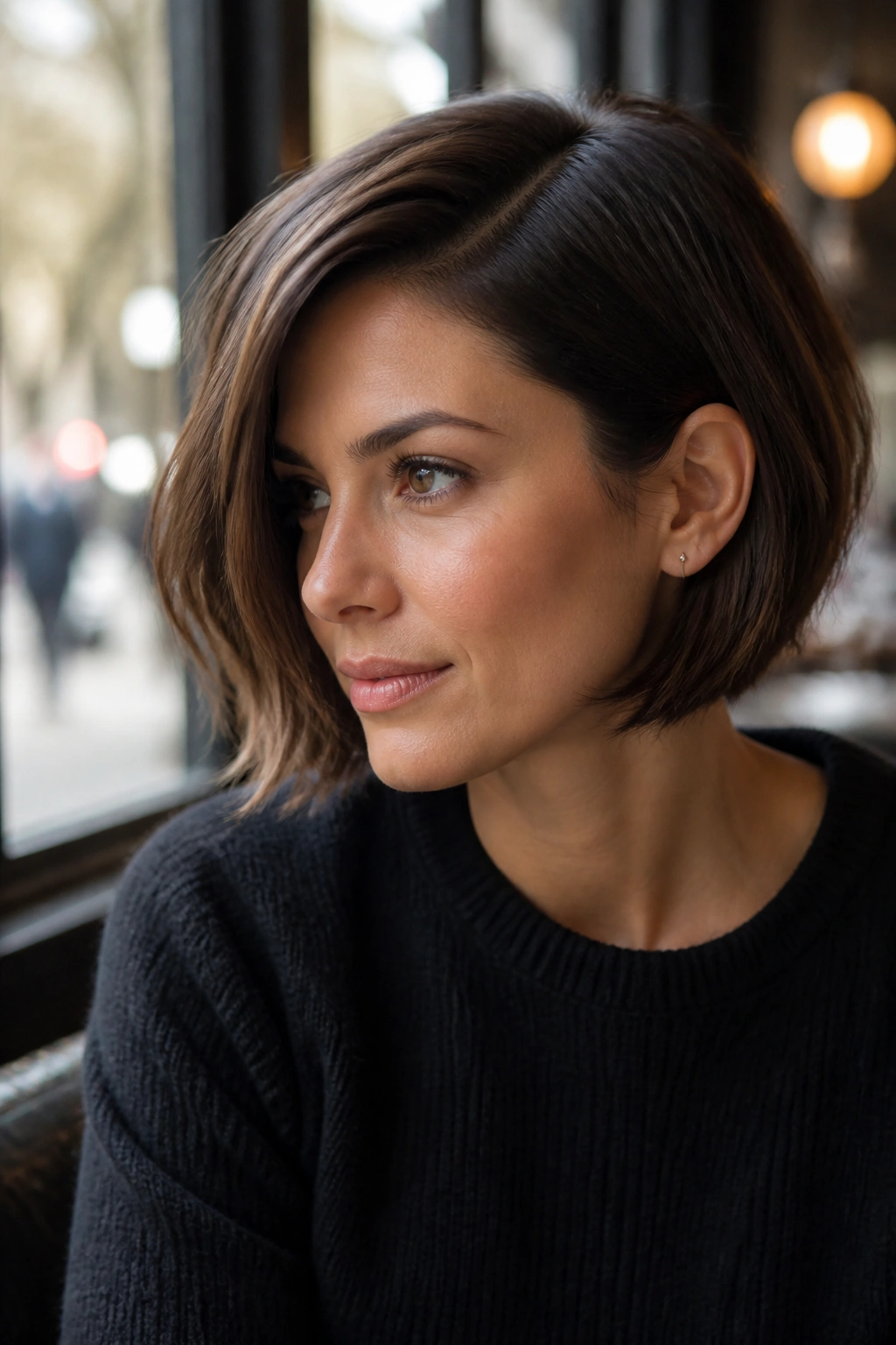 Portrait of a real woman with jaw-length bob and deep side part in cafe daylight