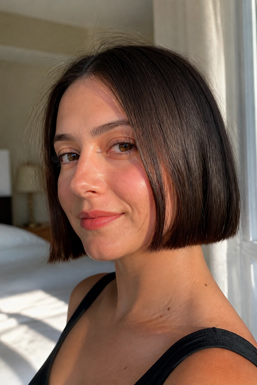 Close-up portrait of a real woman with a jaw-length blunt bob framing the jaw