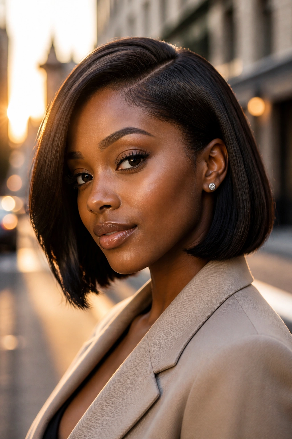 Close-up of a real woman with a jaw-grazing side-part bob and glossy black hair