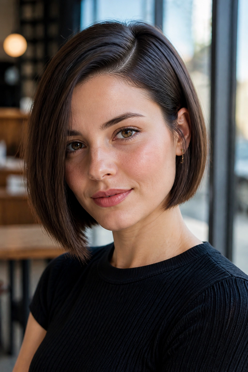 Jaw-grazing bob with deep side part on real woman, jawline visible.