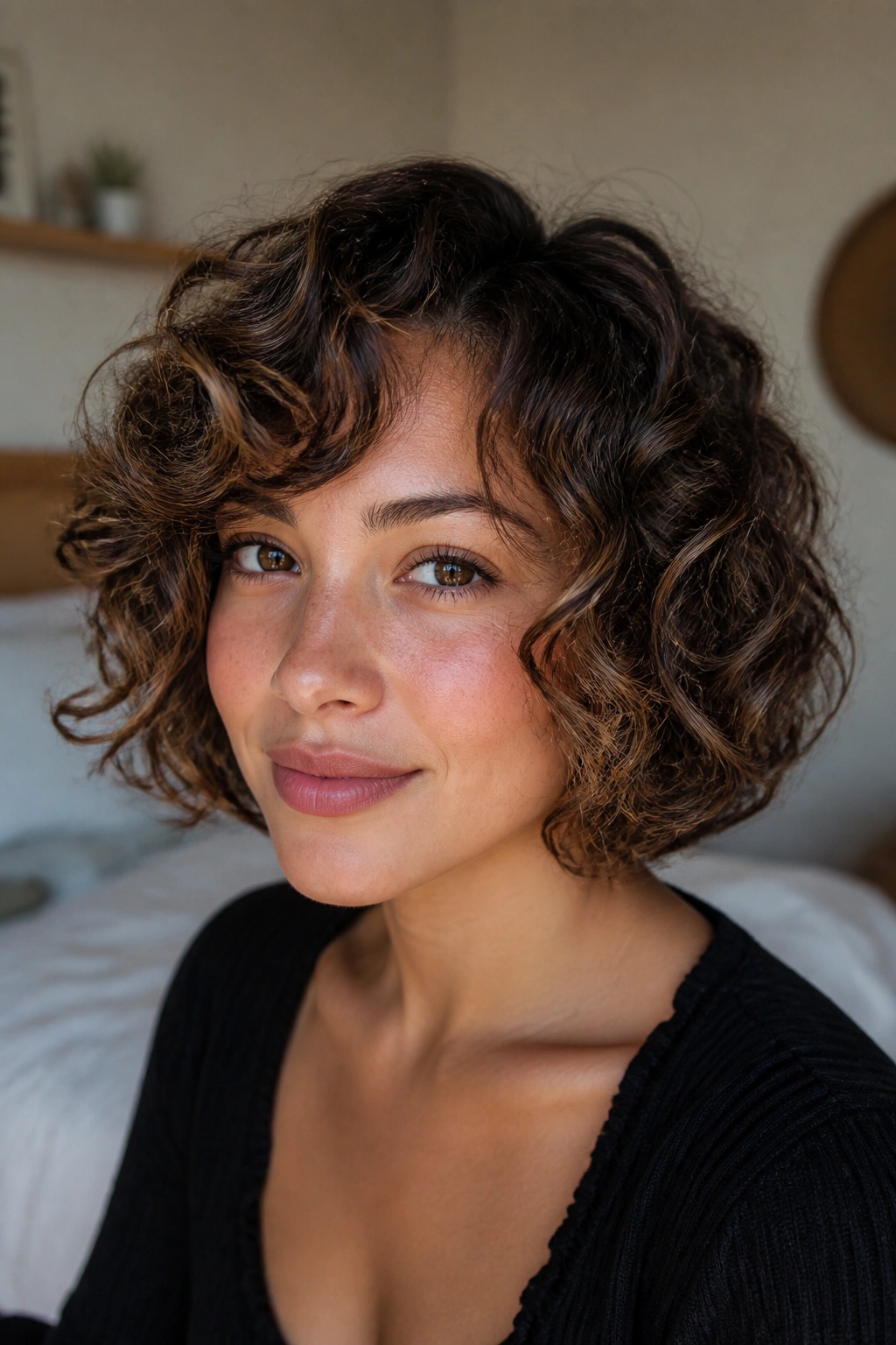 Close-up of a real woman with a jaw-grazing curly bob featuring face-framing layers in warm window light
