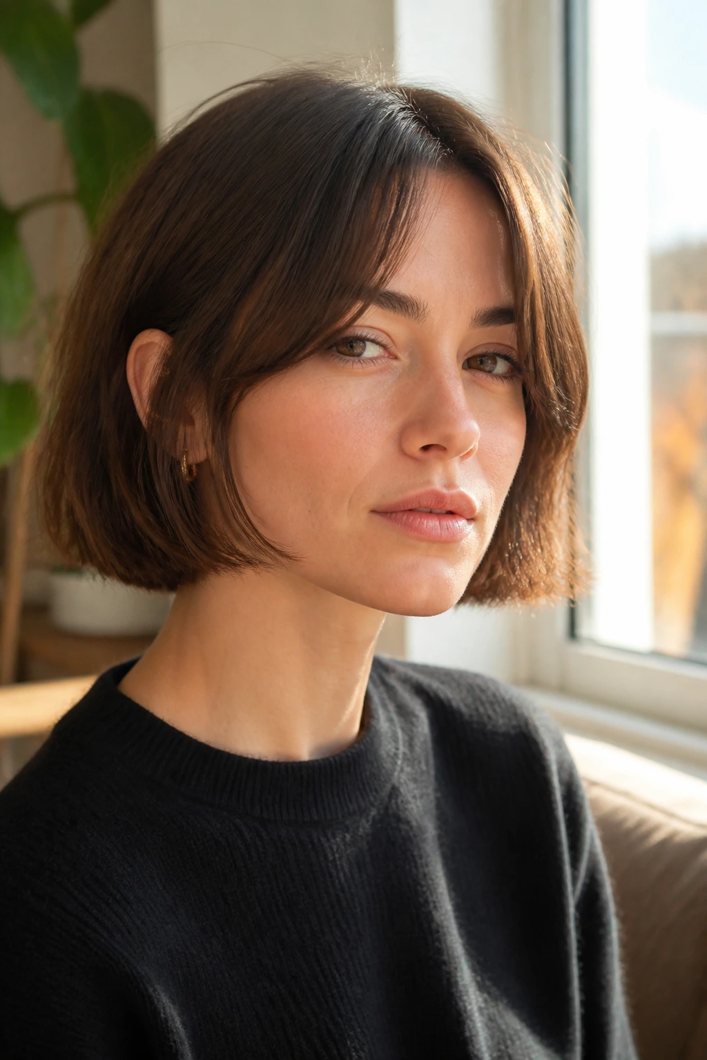 Close-up portrait of a real woman with curtain bangs and jaw-grazing French bob in sunlit setting