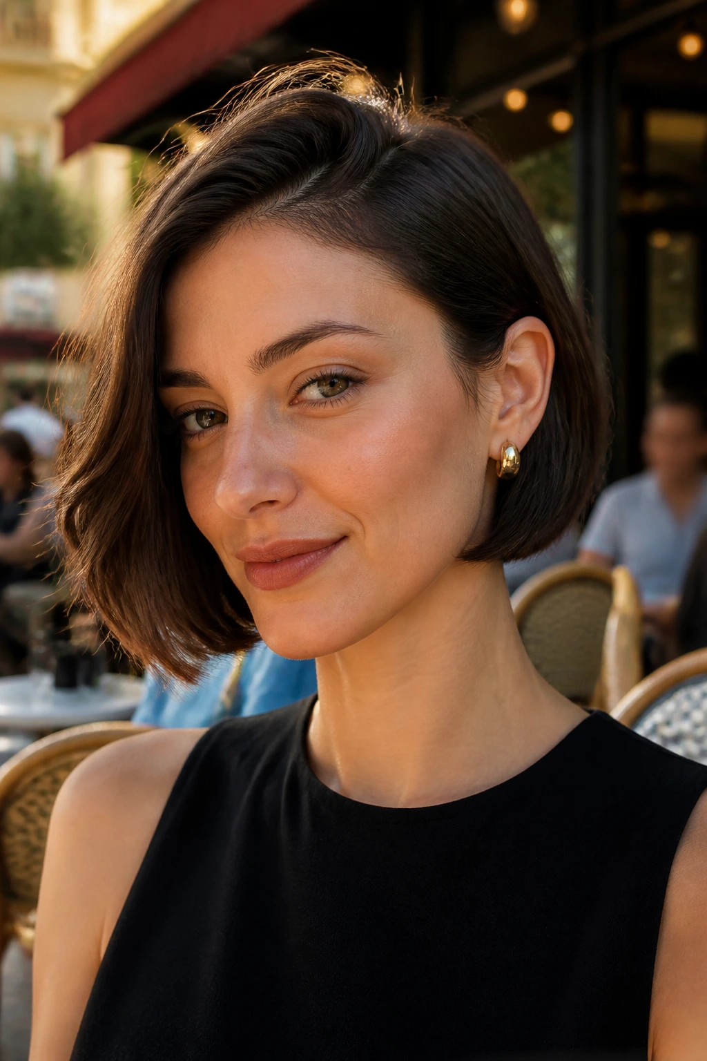 Close-up of a woman with a jaw-grazing French bob tucked behind the ear