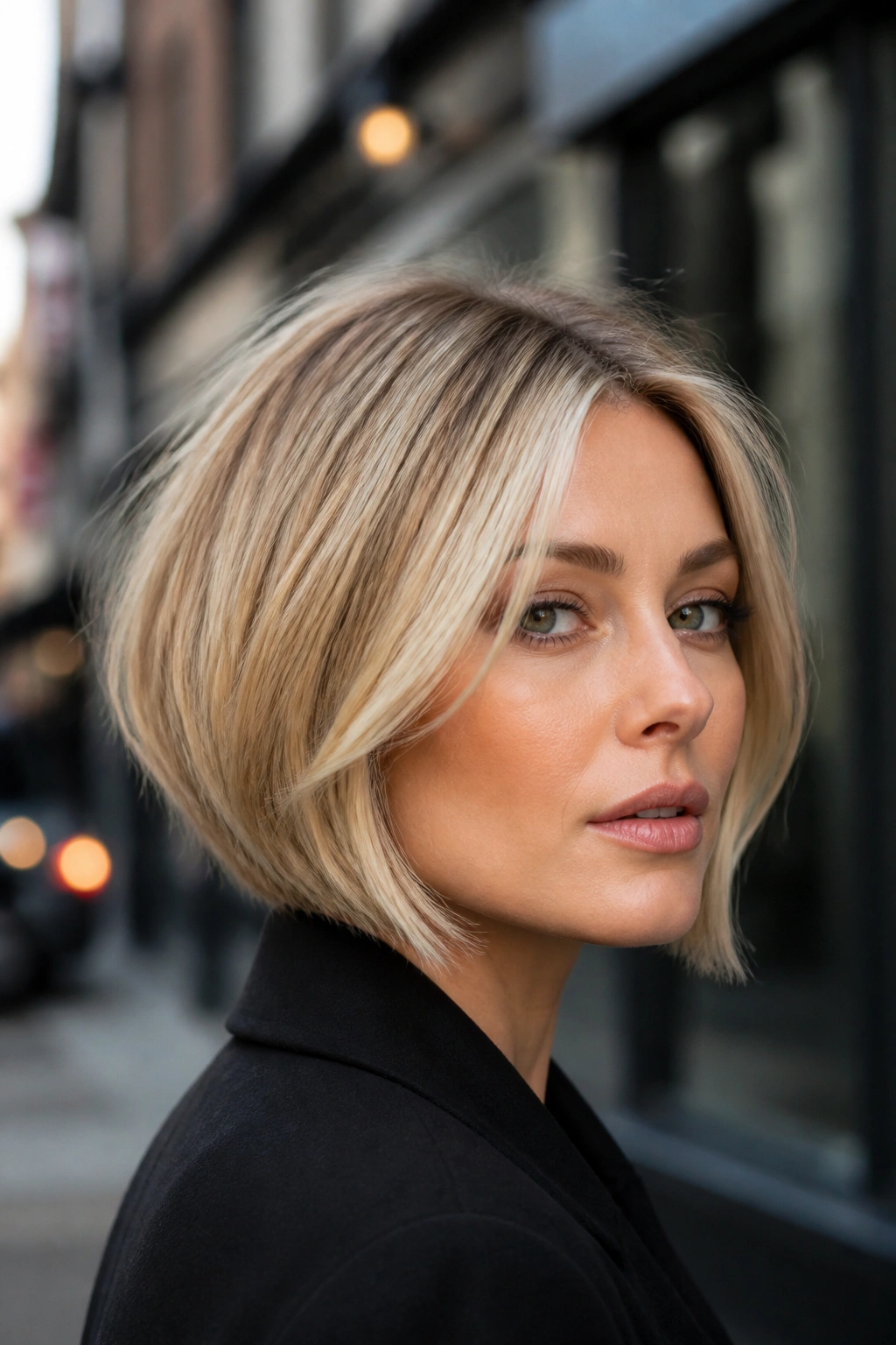 Close-up of a real woman with jaw-grazing inverted bob and money piece