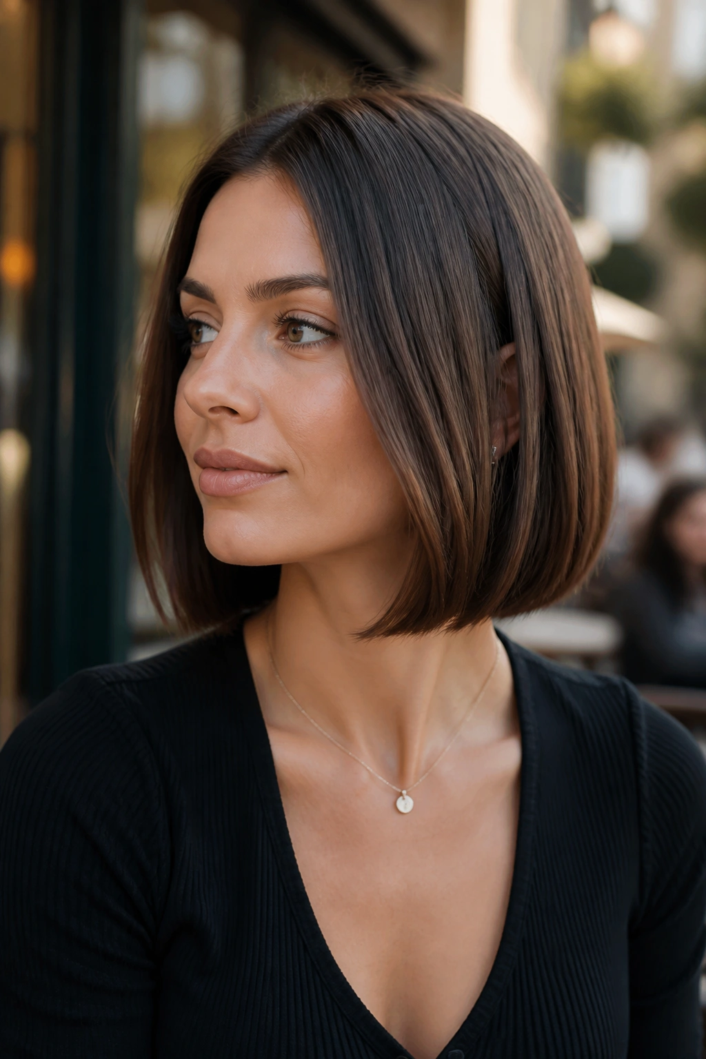 Real woman with jaw-length straight lob in daylight with a crisp silhouette