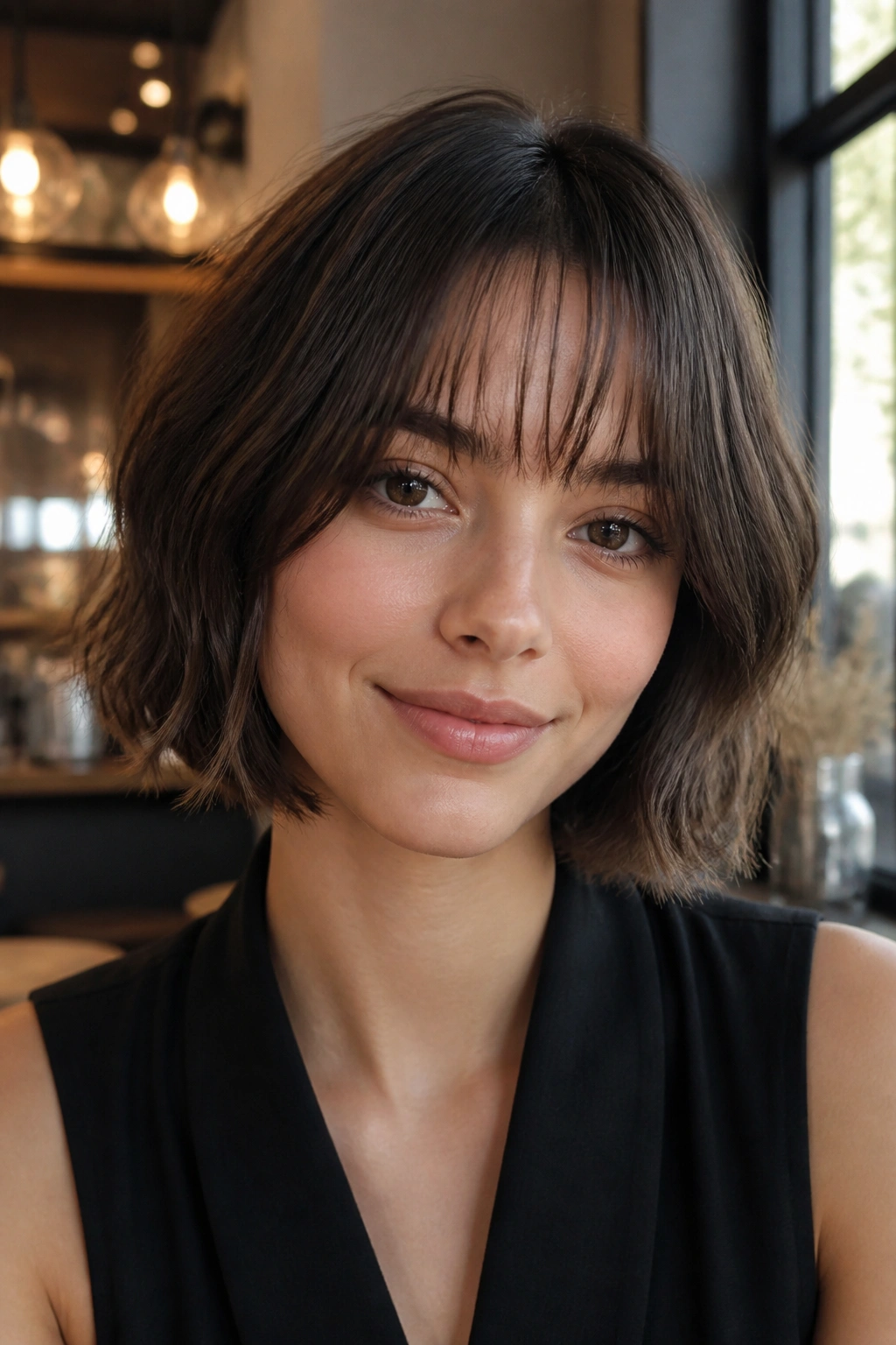 Close-up of a real woman with a jaw-grazing bob and see-through bangs