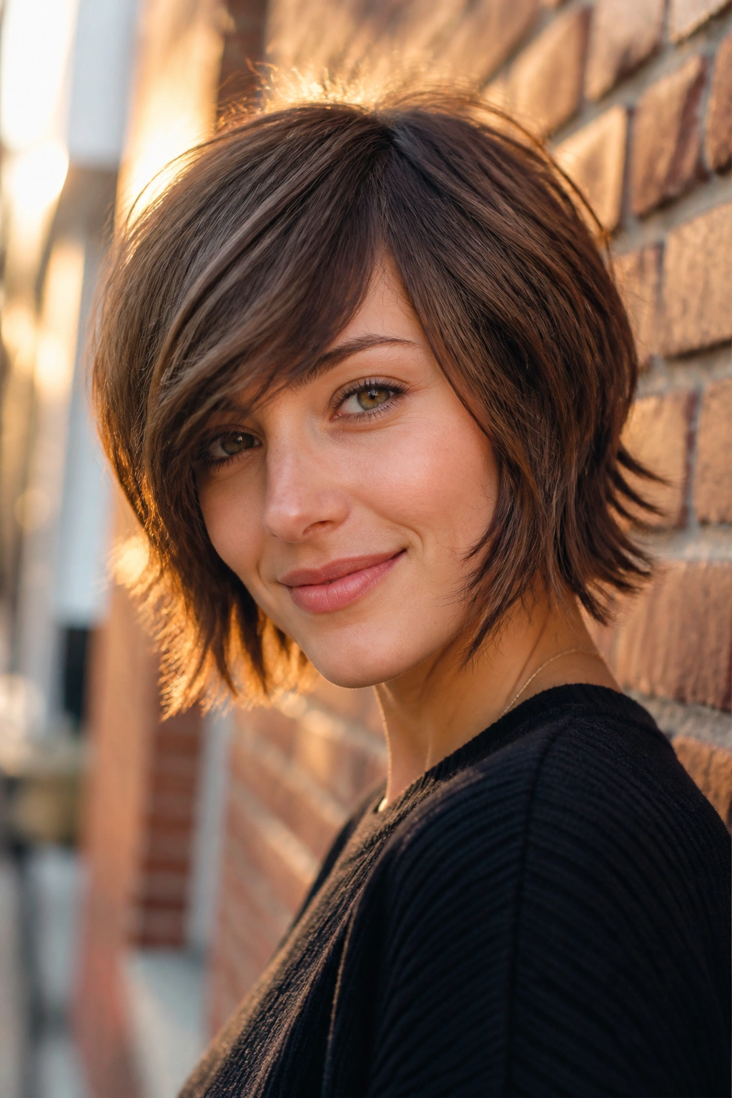 Close-up portrait of a real woman with jaw-grazing shag and side-swept bangs on a city street.