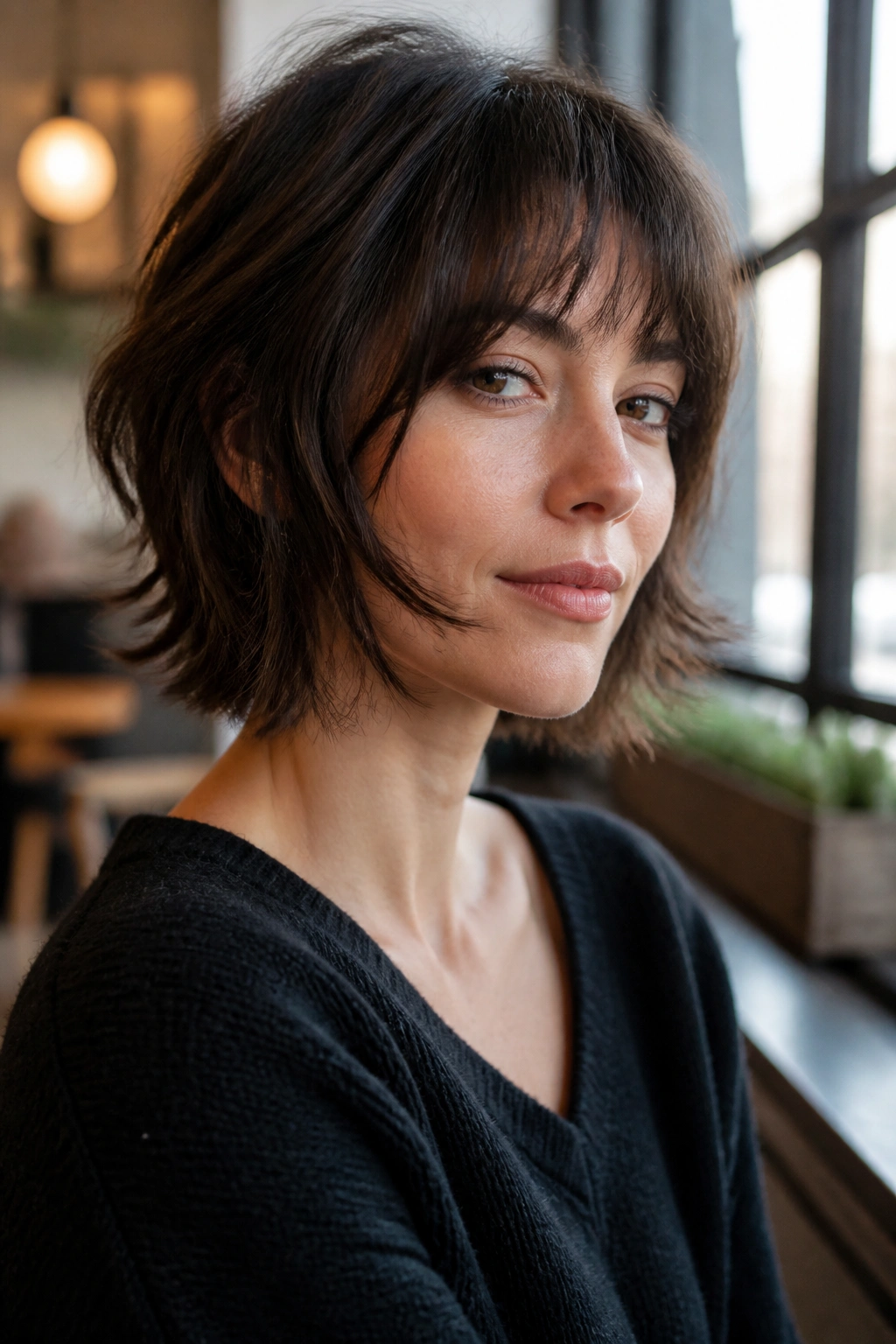 Close-up portrait of a woman with jaw-grazing shag and cheekbone bangs