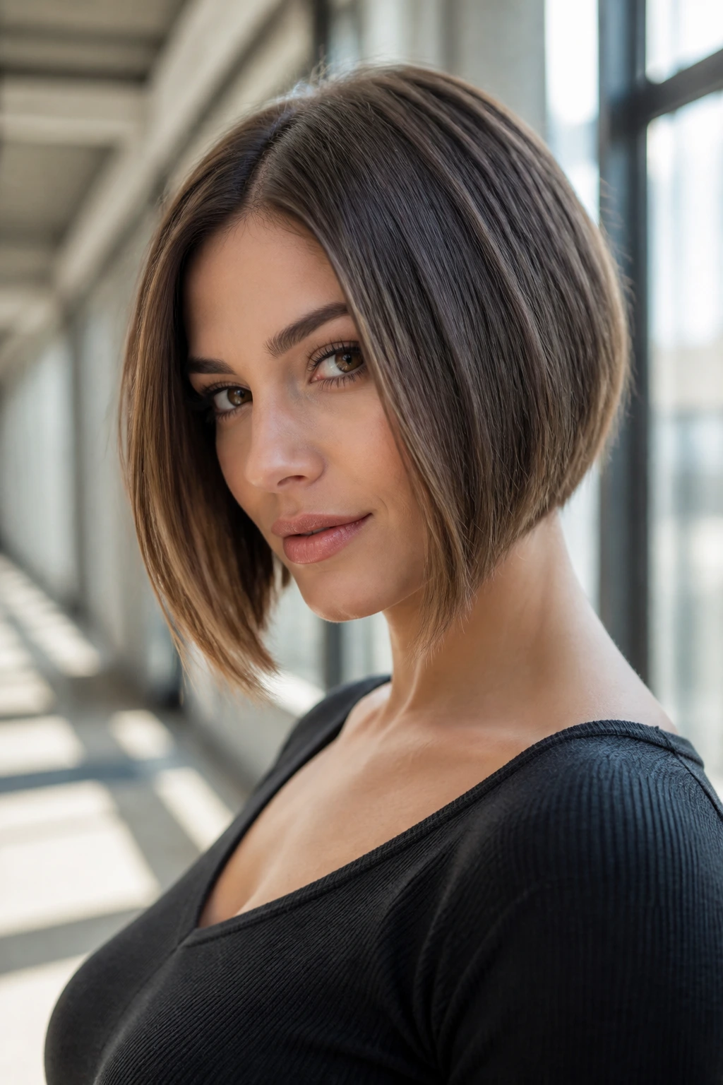 Close-up portrait of a real woman with a jaw-length A-line bob showing a shorter back and longer front