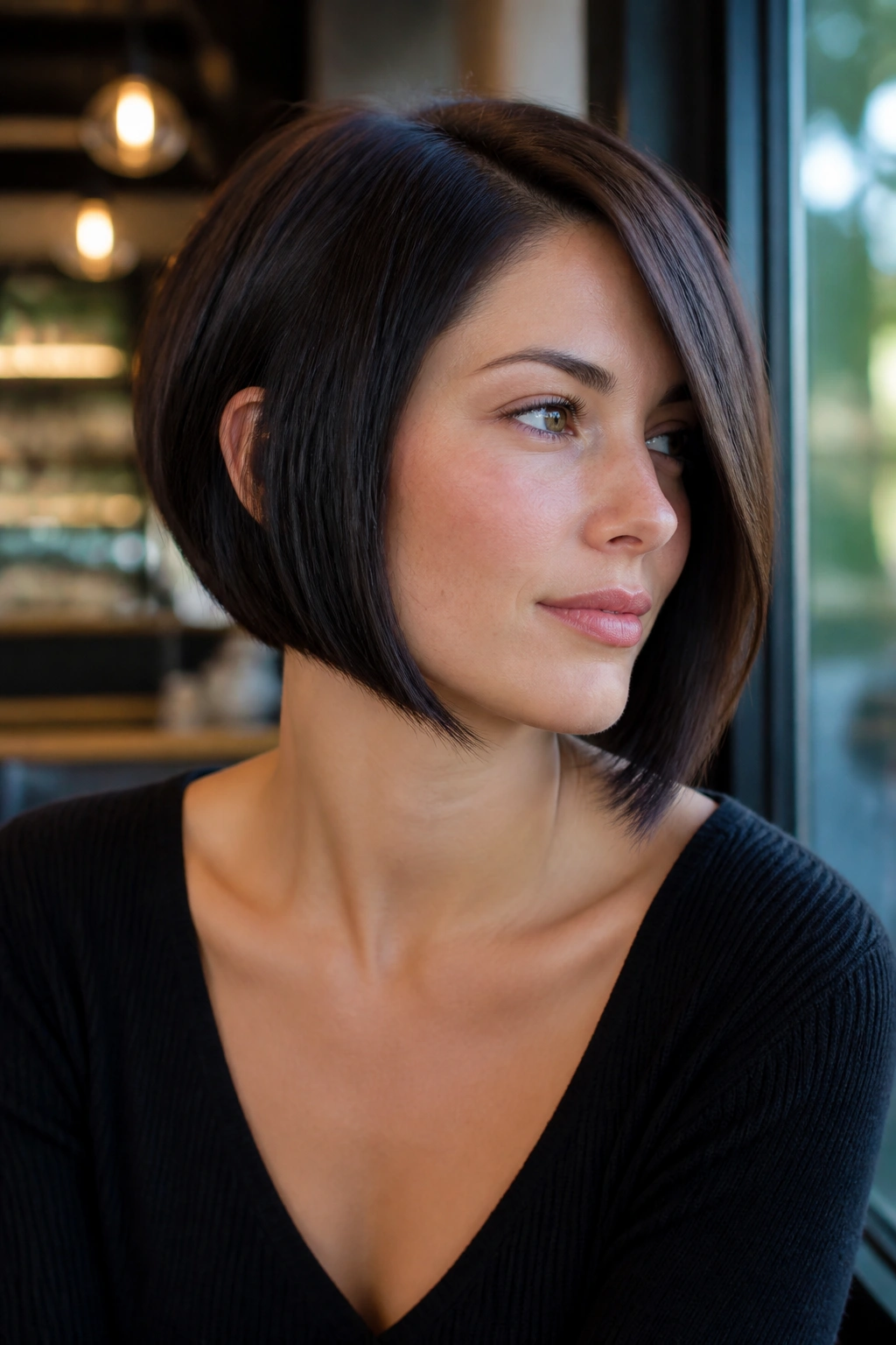 Close-up of a real woman with a sleek jaw-length asymmetrical bob