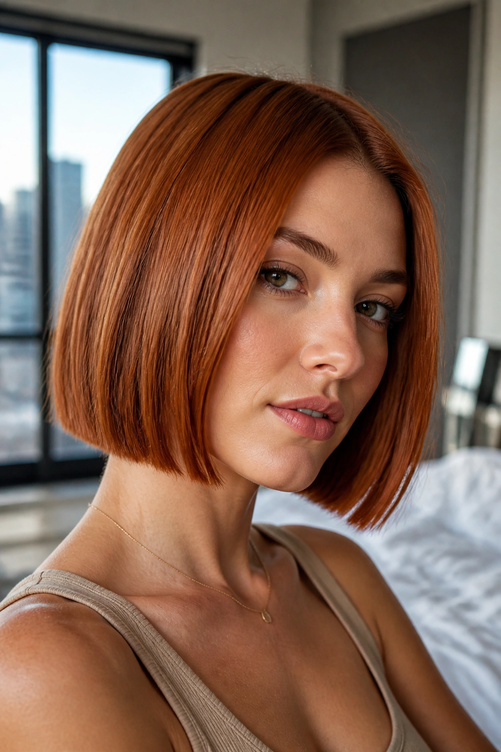 Close-up portrait of a real person with a jaw-length blunt bob in auburn copper.