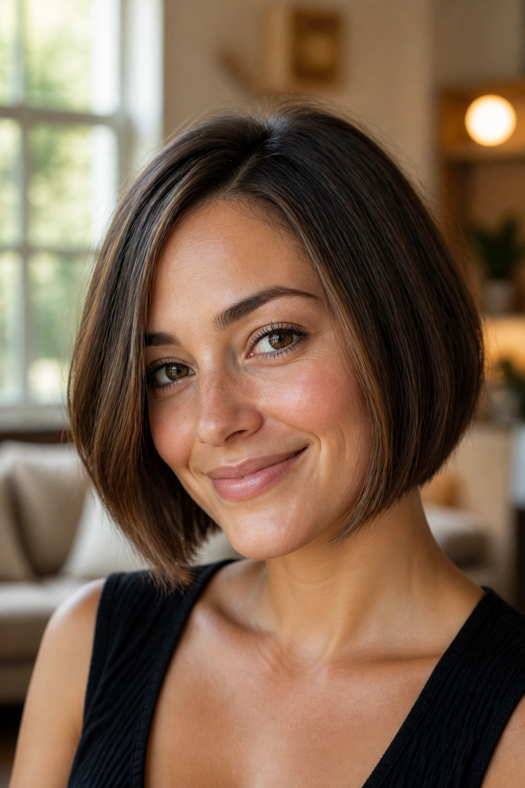 Portrait of a woman with jaw-length blunt bob and soft ends in warm indoor light