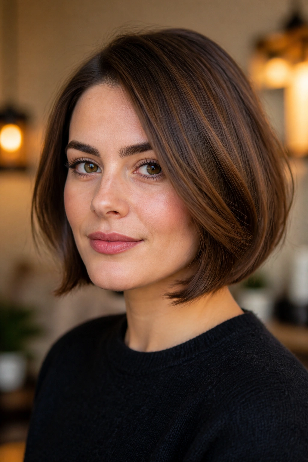 Close-up portrait of a real woman with jaw-length blunt bob and soft bend