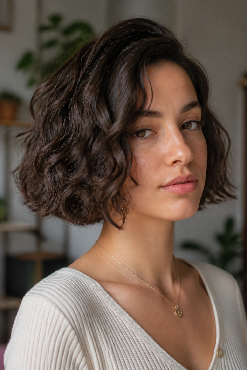 Close-up of a real person with a jaw-length textured blunt bob