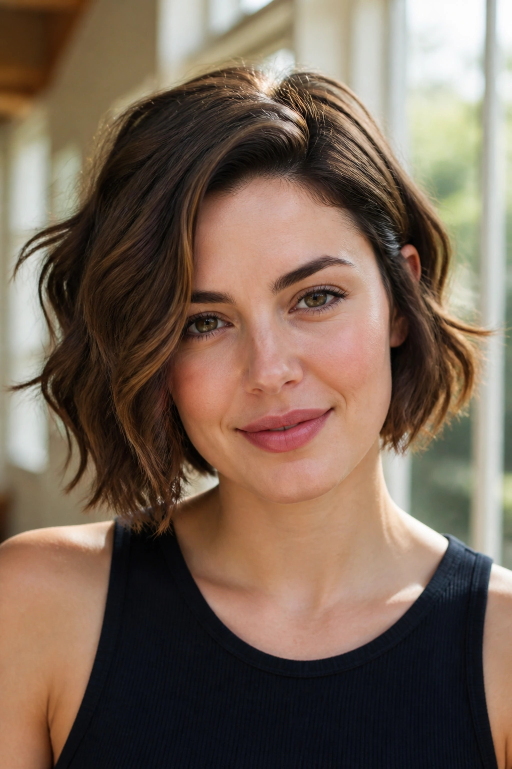 Close-up of a real woman with a jaw-length wavy bob and side volume in warm window light.