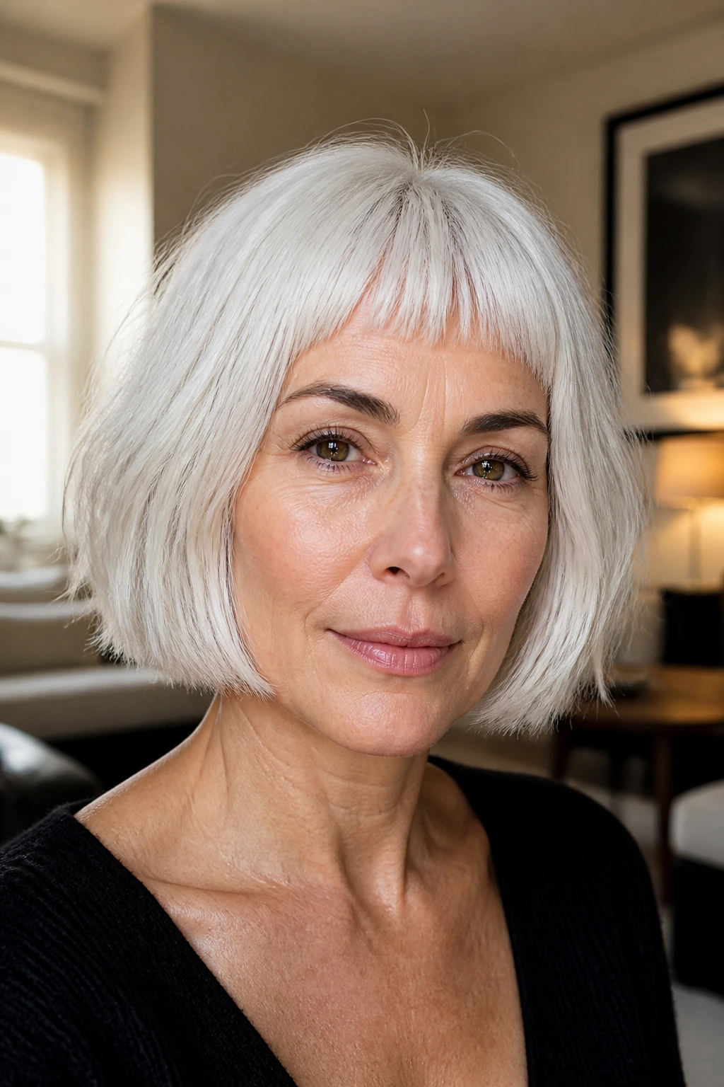 Close-up portrait of a real woman with jaw-length bob and baby bangs on white hair, warm light