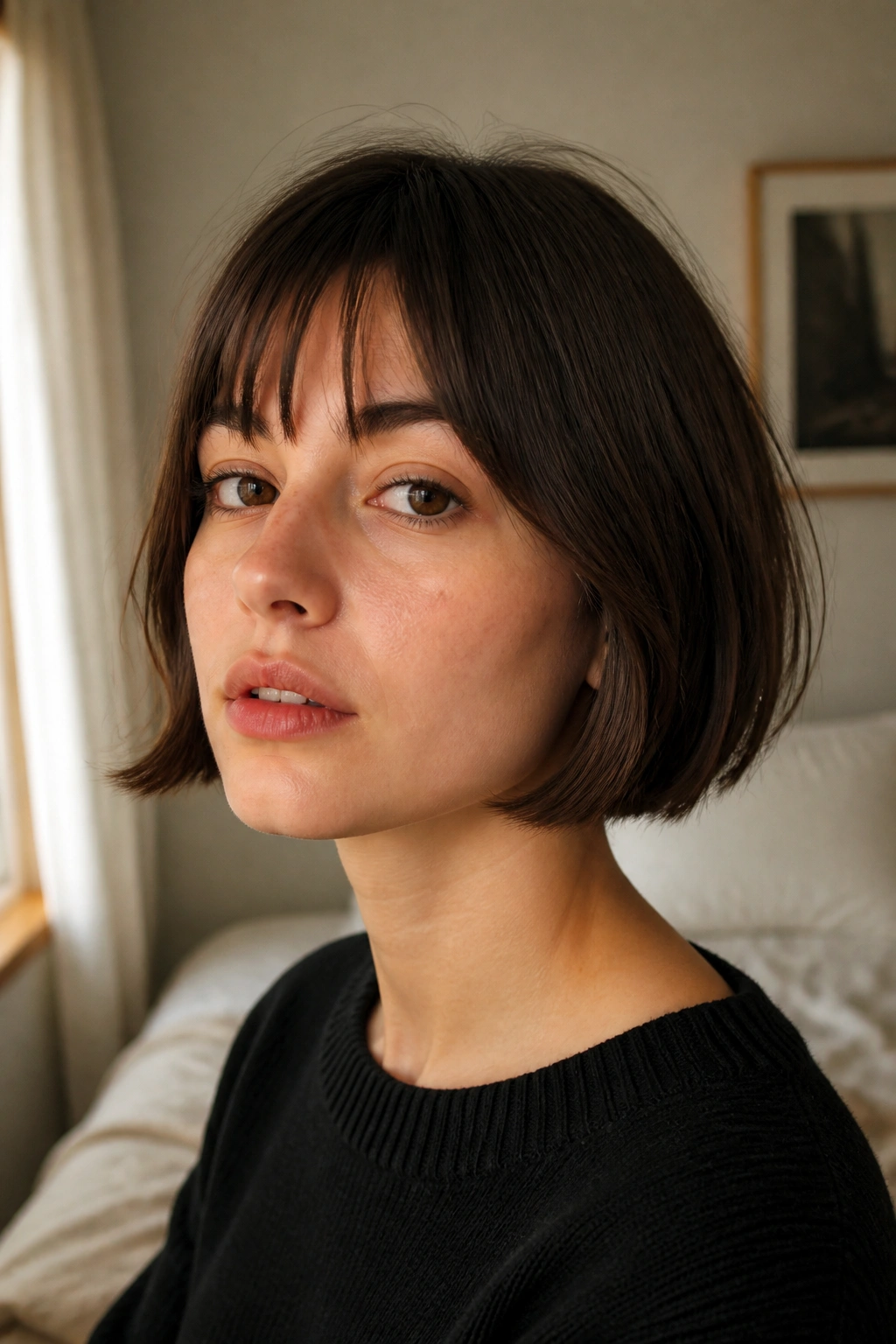 Close-up of a real woman with jaw-length blunt French bob in warm bedroom light