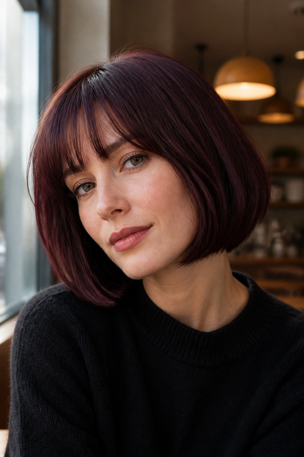 Close-up of a real woman with jaw-length burgundy bob and soft fringe