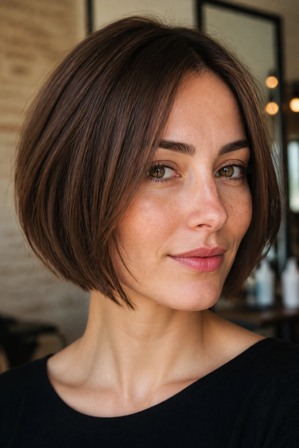 Close-up of a real woman with a jaw-length cocoa-brown bob and micro layers.