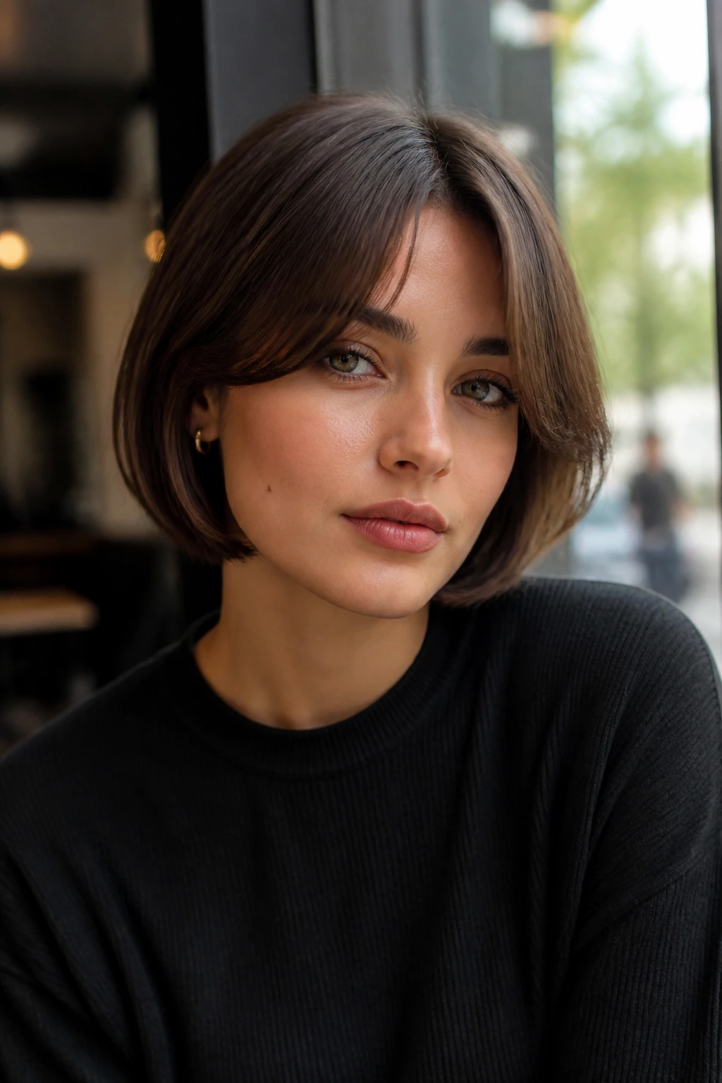Real person with sleek jaw-length bob and curtain bangs in cafe window light.