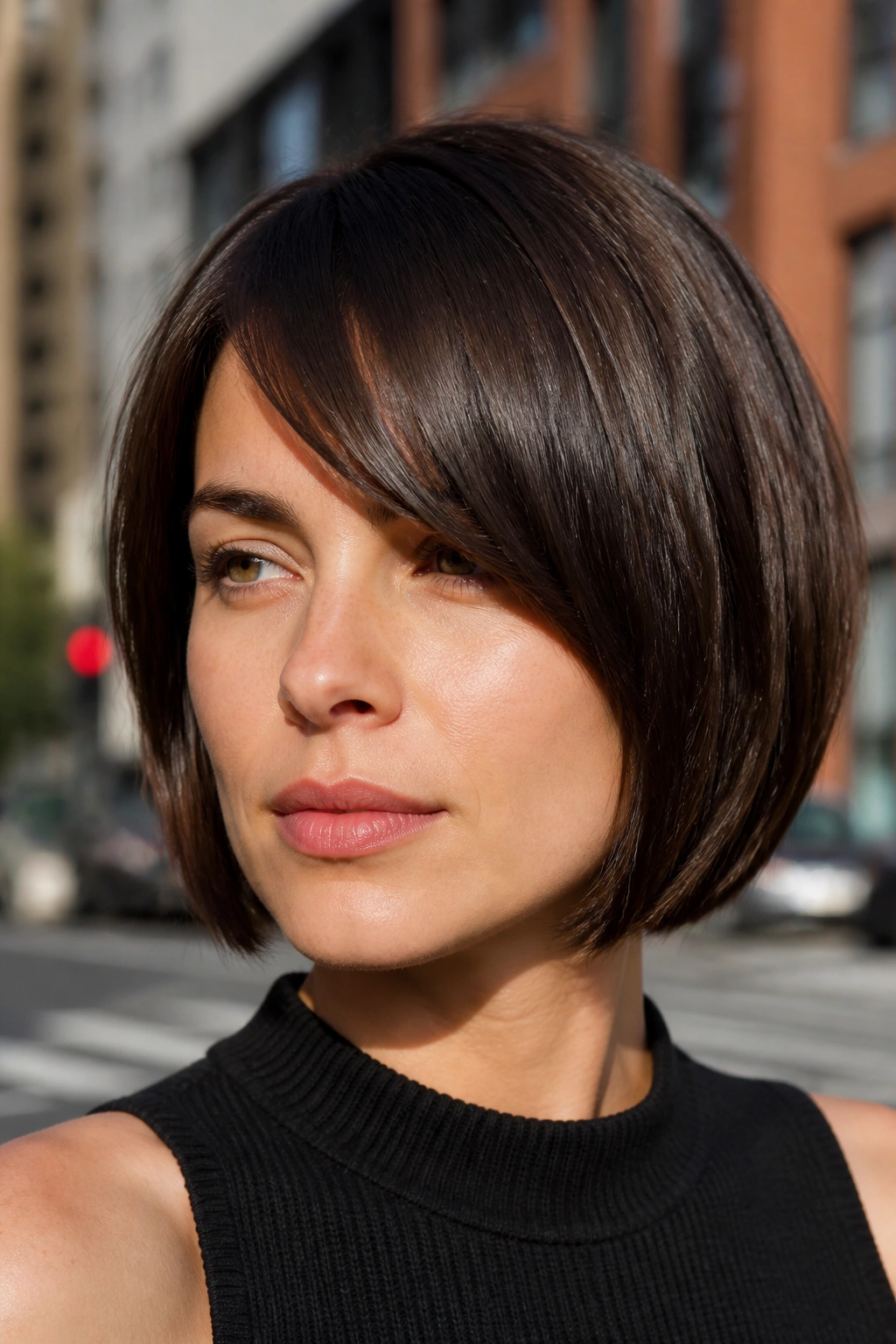 Portrait of a woman with a jaw-length bob and deep side fringe.