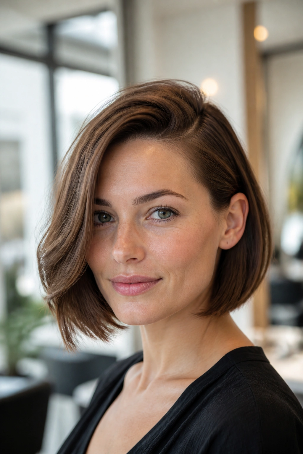 Close-up of jaw-length bob with deep side part on a real woman