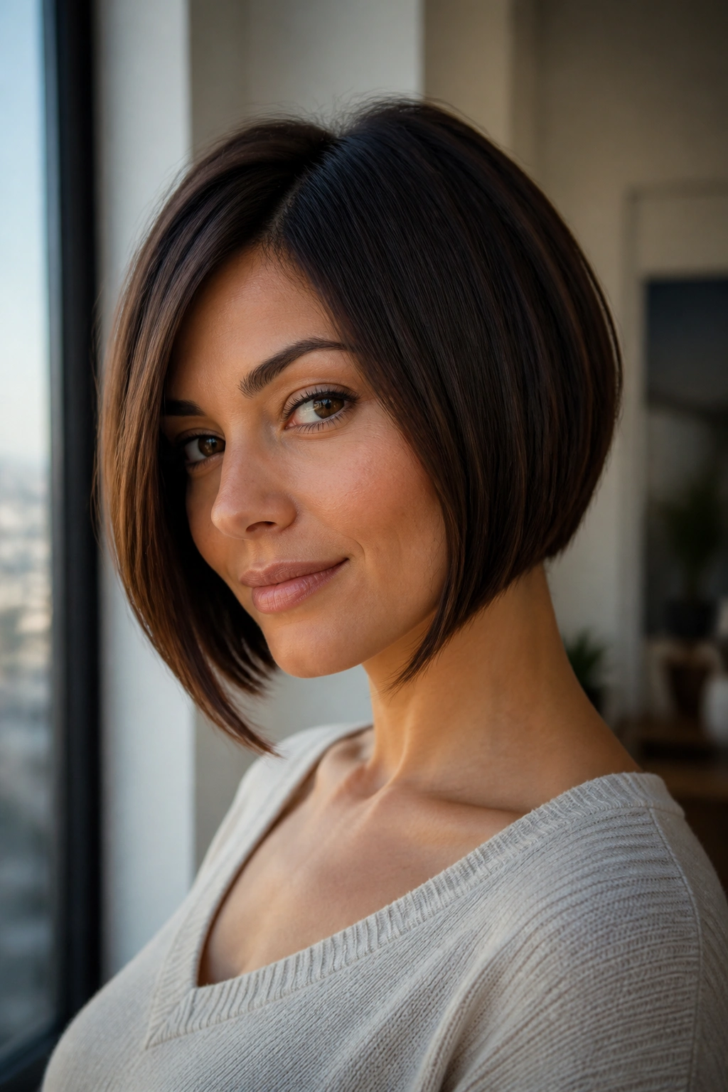 Close-up portrait of a real person with a jaw-length A-line bob showing a diagonal line.