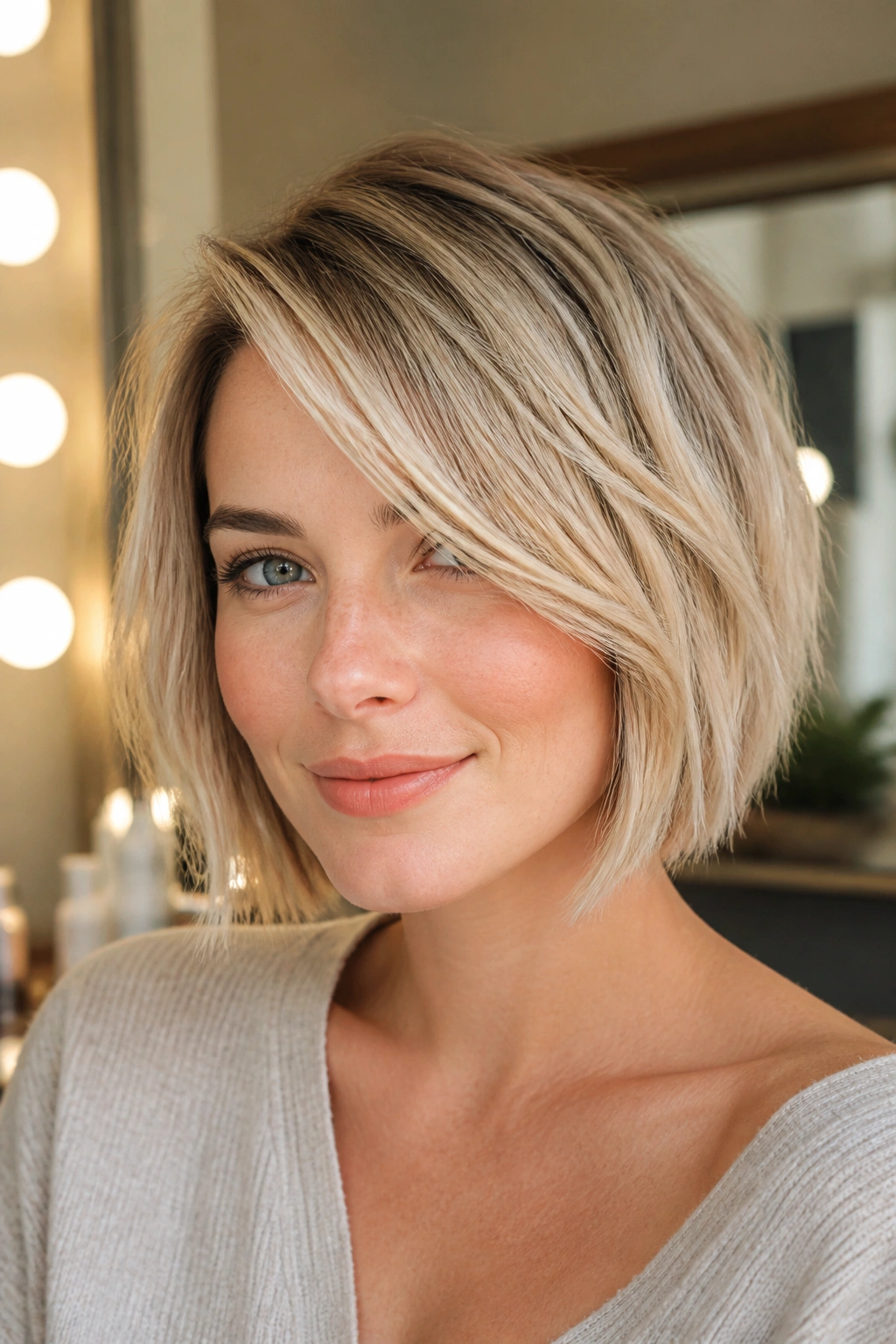 Close-up of real woman with jaw-length bob and side-swept fringe