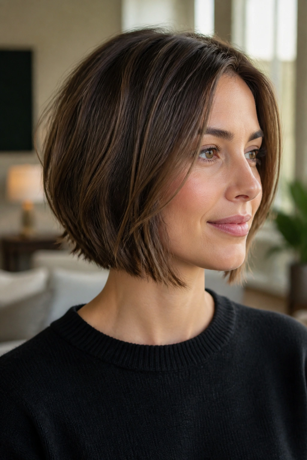 Close-up of a woman with a jaw-length bob featuring hidden layers.
