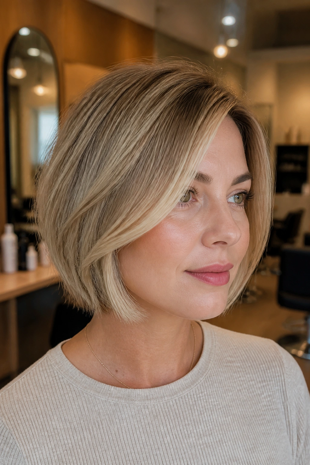 Close-up of a real woman with a jaw-length bob featuring interior layers and a slight side part in pearl blonde, soft salon background.