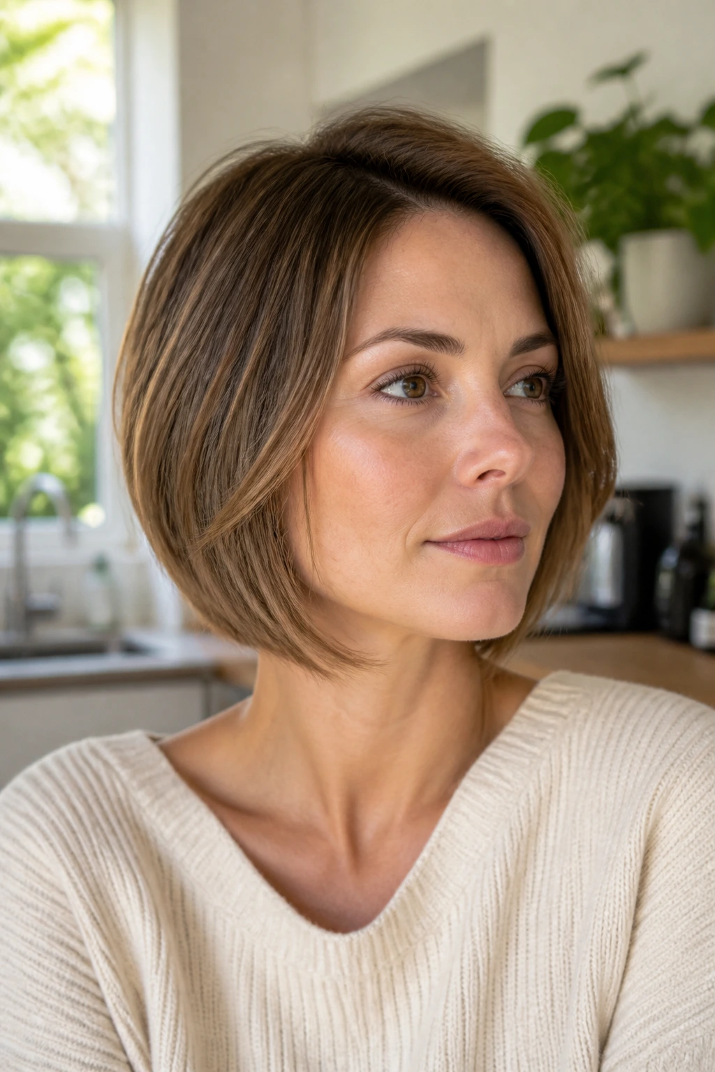 Portrait of a person with a jaw-length bob with invisible layers in natural light