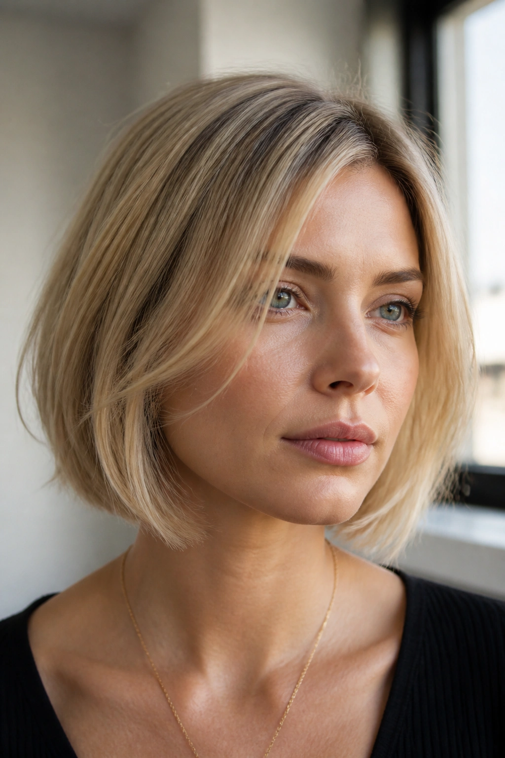 Close-up of a real woman with a jaw-length bob and barely-there layers