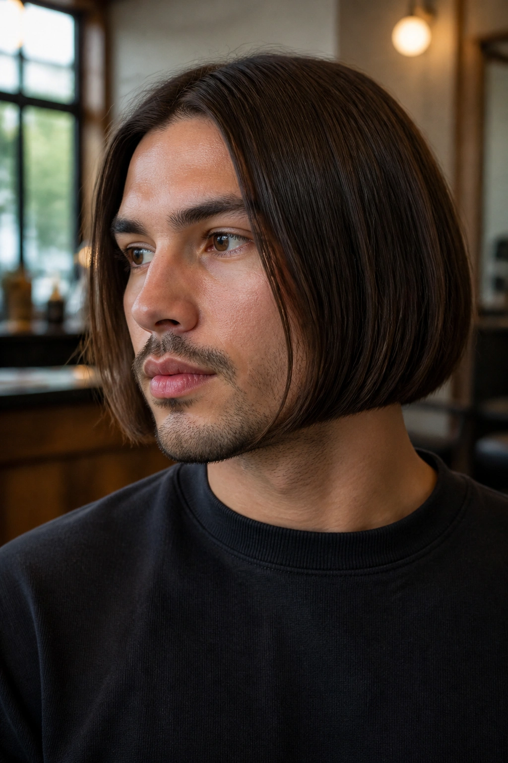Close-up of a real man with a jaw-length bob in a warm barbershop setting